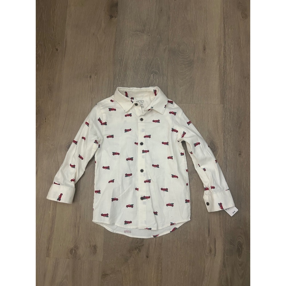Carter's White Red Truck Button Down Shirt Boys 4T Christmas Holiday Long Sleeve